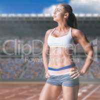 Composite image of female athlete posing with hands on hip