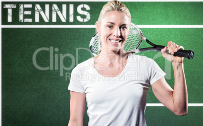 Composite image of portrait of female tennis player posing with racket