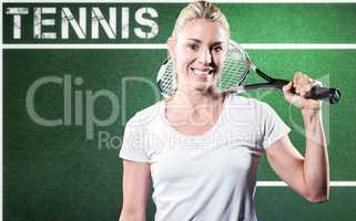Composite image of portrait of female tennis player posing with racket
