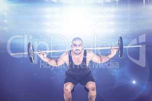 Composite image of bodybuilder lifting heavy barbell weights