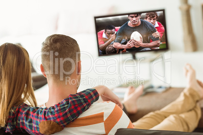 Composite image of cute couple relaxing on couch