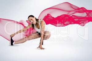 Composite image of happy athlete woman stretching her hamstring