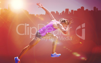 Composite image of athletic woman preparing to run