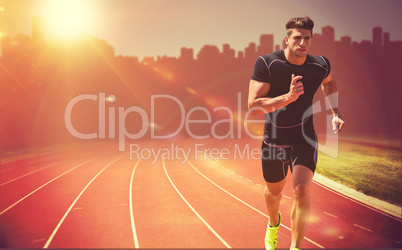 Composite image of athletic man jogging against white background