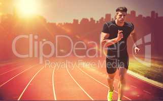 Composite image of athletic man jogging against white background