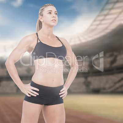 Composite image of female athlete posing with hands on hip