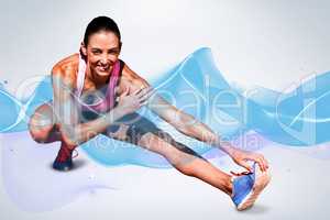 Composite image of portrait of happy sportswoman is stretching h
