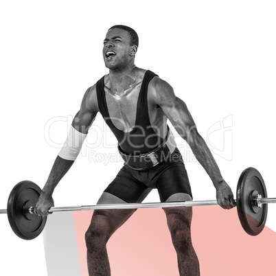 Composite image of bodybuilder lifting heavy barbell weights