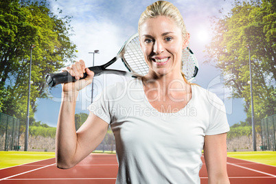 Composite image of portrait of female tennis player posing with