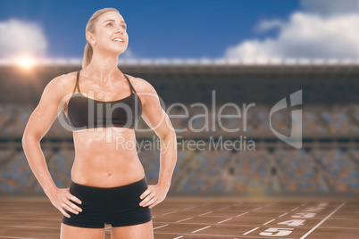 Composite image of female athlete posing with hands on hip