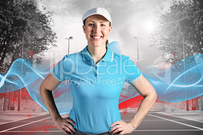 Composite image of sportswoman posing on black background