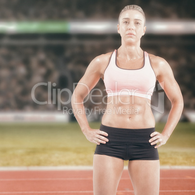 Composite image of female athlete posing with hands on hip