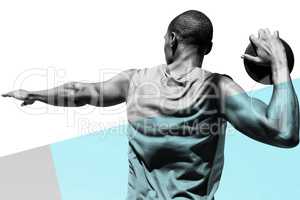 Composite image of rear view of sportsman practising discus thro