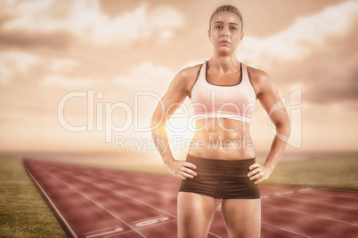 Composite image of female athlete posing with hands on hip