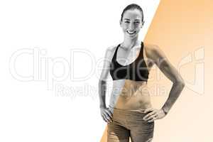 Composite image of portrait of sportswoman is posing and smiling