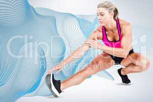 Composite image of female athlete stretching