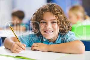 Portrait of schoolboy studying in classroom