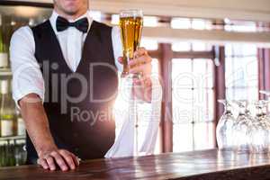 Bartender offering a glass of beer at bar counter