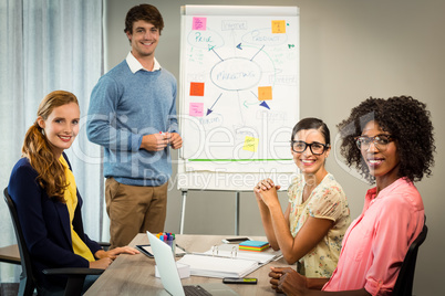 Man discussing flowchart on white board with coworkers