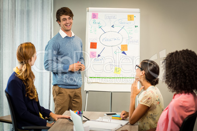 Man discussing flowchart on white board with coworkers