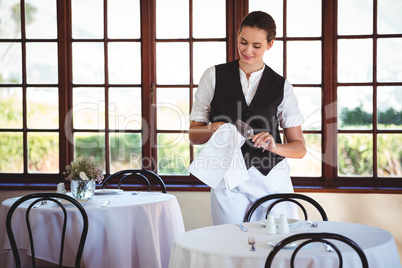 Waitress cleaning wineglass