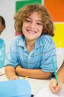 Portrait of happy schoolboy in classroom