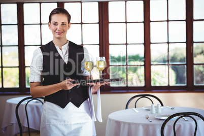 Smiling waitress holding a tray with glasses of wine