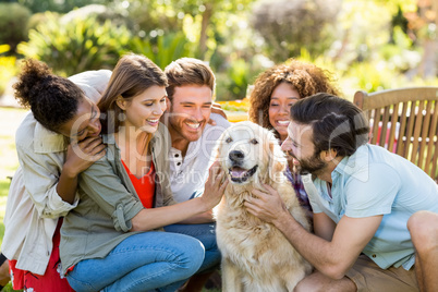 Group of happy friends sitting together with the dog