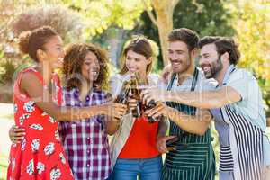 Group of friends toasting a beer bottle in park