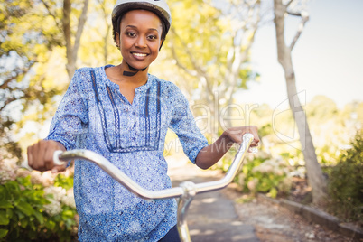 Happy woman doing bicycle