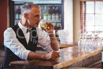 Bartender drinking wine at bar counter