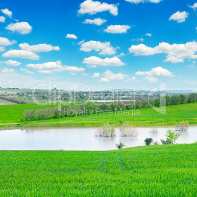 green field, lake and cloudy sky