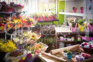 Bouquet of flower and gift wrapping items