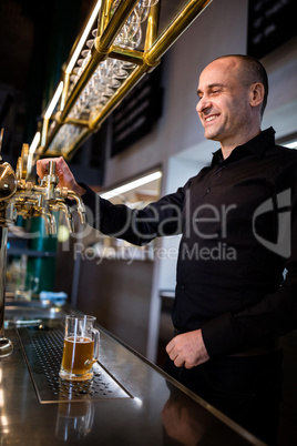 Brewer filling beer in beer glass from beer pump