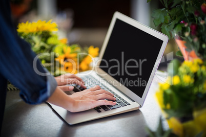 Female florist using laptop in flower shop