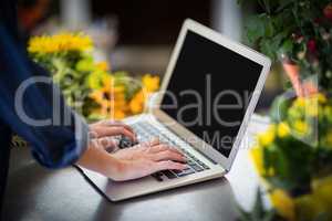 Female florist using laptop in flower shop