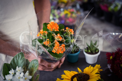 Male florist holding bouquet of flower at flower shop