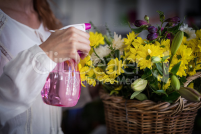 Female florist spraying water on flowers