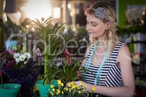 Female florist preparing flower bouquet