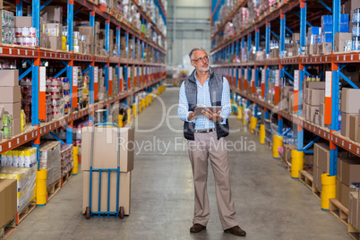 View of manager is holding a tablet and looking shelves
