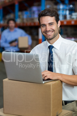 Portrait of happy manager using a laptop put on cardboard