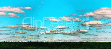 Horizontal vivid summer pixel dot landscape abstraction backgrou