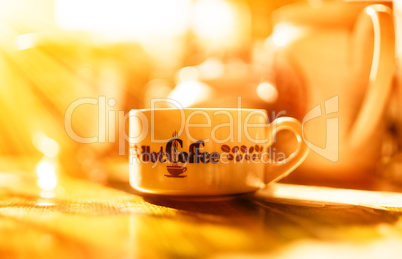 Morning coffee with light leak bokeh background
