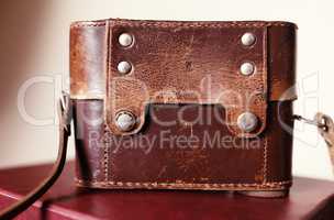 Vintage leather camera case background