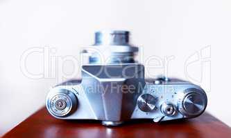 Vintage rangefinder camera view from top bokeh background