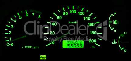 Horizontal isolated green car speedometer no fuel panel backgrou