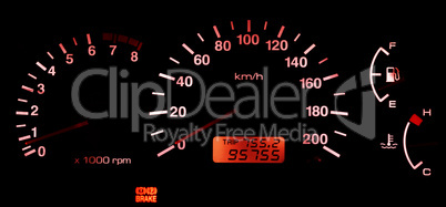 Horizontal isolated red car speedometer no fuel panel background