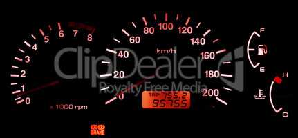 Horizontal isolated red car speedometer no fuel panel background