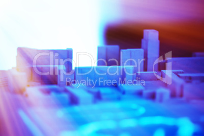 Horizontal city mockup with light leak illustration background