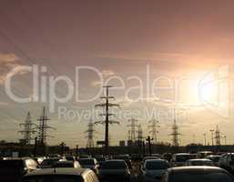Horizontal sunset city power lines background